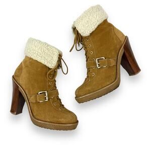 MICHAEL KORS tan suede sherpa heeled platform boots